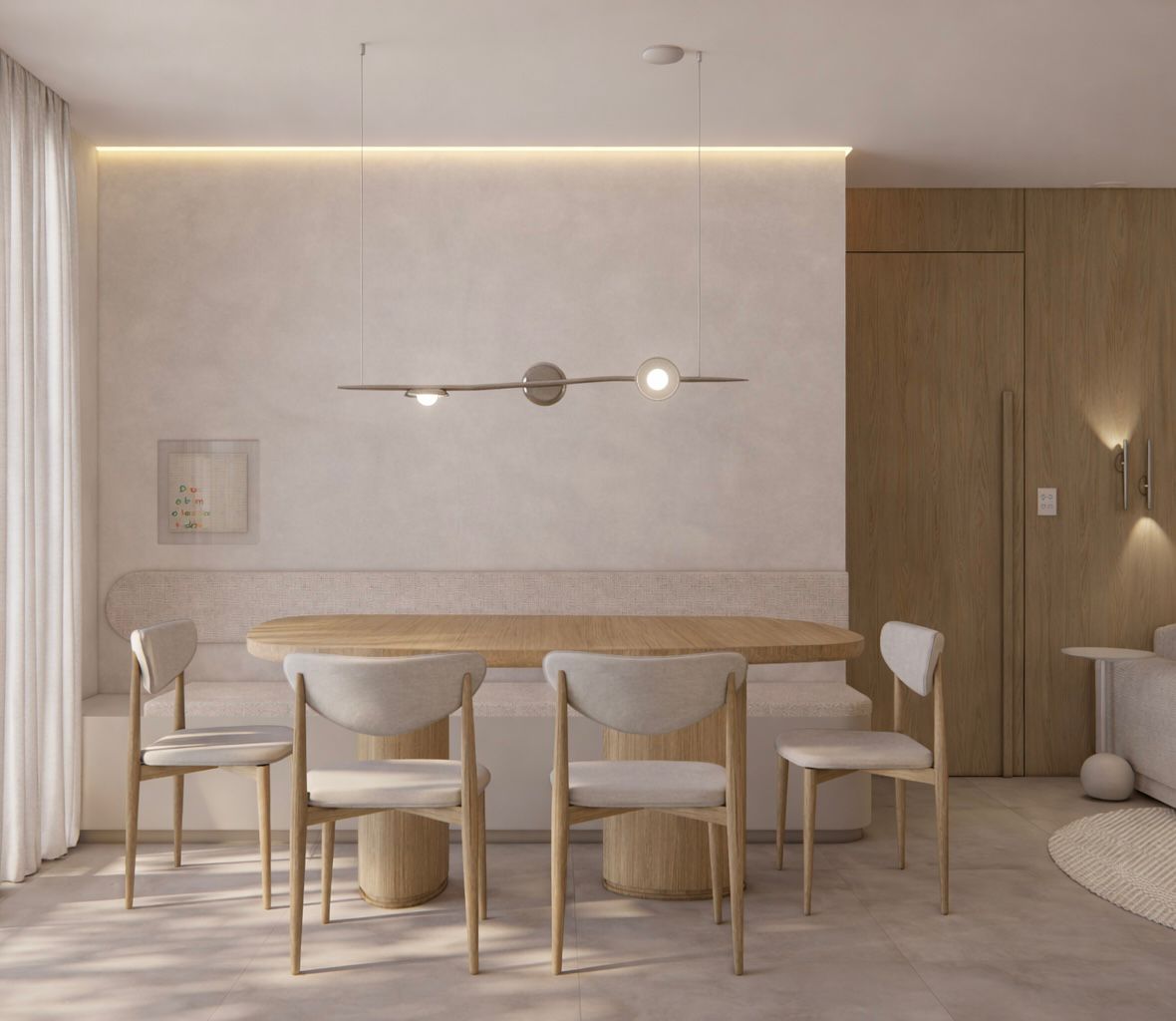 Sala de jantar integrada com pendentes brancos, madeira e atmosfera leve